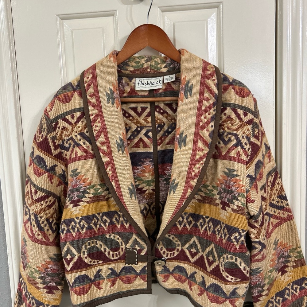 Womens  Vintage Flashback Cropped Southwest Tapestry Jacket Aztec 100% Cotton M - Picture 4 of 7